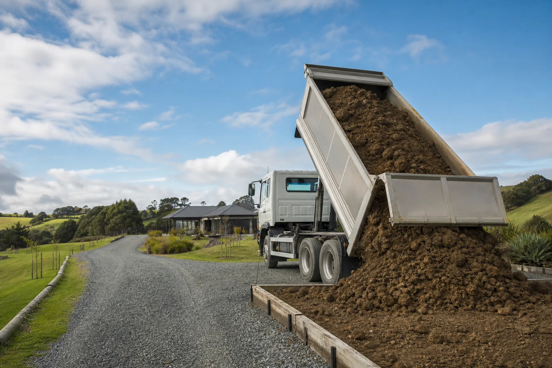 A tip truck delivering natural fill to a New Zealand lifestyle property